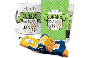 MUNDOHUEVO Super Regalo Personalizado para cuñados. Cuñado molas un Huevo. Taza, libreta, boli y Trio de Calcetines