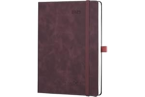 EU-25 POPRUN Agenda 2025 Semana Vista 22 x 16,5 cm, Tapa Blanda, Marcapágina de Cinta, Una Página por Semana con una Página de Notas, Papel Certificado 100 GSM, Borgoña Oscuro