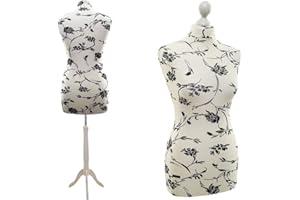 LUCCESI Schneiderpuppe | Größen S - XL (Female ♀) | Torso Size: XL (44-46) | Wechselbezug Creme-Weiss/florales Muster (schwarz) | Standfuss Weiss | Damen - Schaufensterpuppe