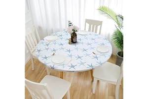 Cozomiz Percalle Copritavolo sotto Tovaglia Rotonda Rettangolare Tavolino Impermeabile Antimacchia per Tavola da Pranzo Stella Marina Bianca 120cm Taglio Aderente Rotondo