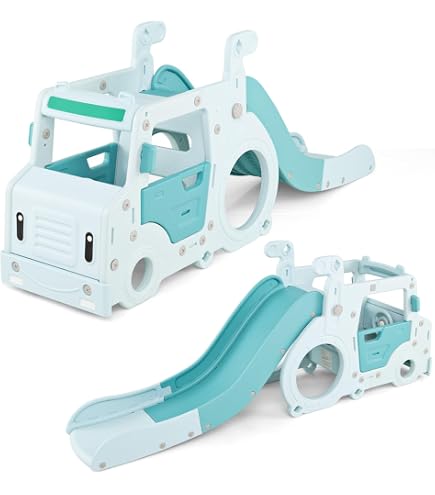 Zkiprm 5 en 1 Toboggan Polyvalent pour Bébé et Enfant - Extérieur/Intérieur, Extra Long 200CM, Avec Cadres de Basket-Ball, Buts de Football, Mini-Bus, Escaliers (Gris