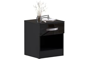 VIDA DESIGNS Movian Amazon Brand High Gloss Bedside Cabinet Black, 1 Drawer With Metal Handles and Runners, Unique Anti-Bowing Drawer Support, Bedroom Furniture