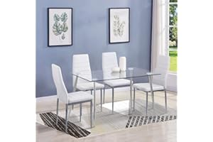 GOLDFAN - Tavolo da pranzo in vetro con 4 sedie bianche e 4 sedie