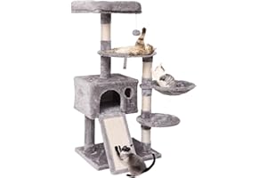 JISSBON 120cm Cat Tree Tower, Multi Level Cat Scratching Post with Condo, Ladder, Hammock & Plush Perches for Kittens, Adult Cats, Light Grey