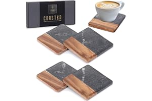 TKNO Coasters - Marble Coasters Set of 4 | Luxury Handmade Anti-Slip Black Marble & Brown Wood Coasters for Kitchen, Dinning, Bedroom, Living Room, for Women Men for Cups Mugs, Tables & Home Decor 4"