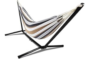 IDMarket – Hamaca con soporte de metal y lona a rayas negro, blanco y chocolate