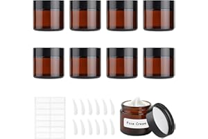 MirraSwit 8 Stück Braun Glastiegel, 60ml Glas Leerdose, Tiegel Cremedose, Cremedosen zum Befüllen, mit Aufkleber, Kratzlöffel für Damen Mädchen Kosmetik Cremes Lotionen Ätherische Öle Pulver