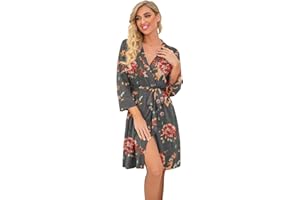 PrinStory Bathrobe for Women, Lightweight 3/4-Length Sleeve Dressing Gown, Kimono Robes, Short Sleepwear