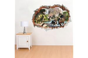 ufengke Adesivo da parete Dinosauri nel Fiume 3D Adesivo da Parete 3D Vista Effetto Speciale 3D Esterno Parete Crepata Decorazione Rimovibile DIY Vinile Parete Casa Adesivi per Soggiorno Camera