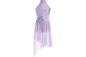 inlzdz Kids Girls Sleeveless Rhinestones Flower Applique Lyrical Ballet Leotard Dress Contemporary Latin Dance Costume