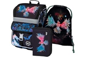 Baagl Schulranzen Jungen Mädchen Set 3 Teilig - Zippy Schultasche ab 1. Klasse - Grundschule Ranzen mit Brustgurt - Ergonomischer Schulrucksack (Phönix)
