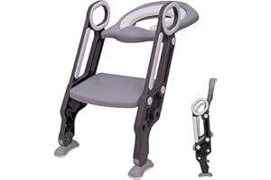 Straame Toddler Toilet Ladder Seat - Adjustable Potty-Training Seat, Soft Cushion Seat and Anti-Slip Steps Design - Easy to Install Portable Children Potty Training Chair (Grey-White)