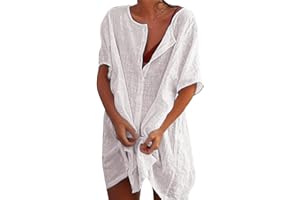 Svanco Mujer Vestido de Playa Transparentes Algodón Blusa de Bikini Cover up Suelto Verano Camisolas y Pareos Color Sólido Casual Ropa de Playa con Boton Trajes de Baño Pareos