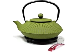 BRICOLEMAR Tetera de Hierro Fundido con Reposatetera + Llavero de Regalo (Verde - 0.78 Lts - Con Reposatetera)