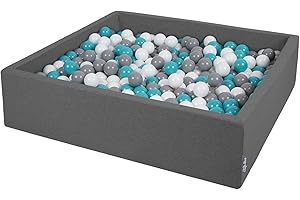 KiddyMoon Piscina De Bolas 120X30cm/300 Bolas El Cuadrado Grande para Ninos,Hecha En La UE, Gris Oscuro:Gris/Blanco/Turquesa