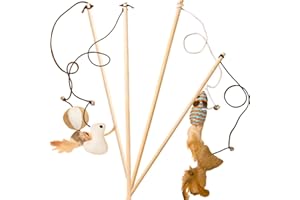 L'EEREYDAS 4 PCS Cat Wand Toy,Different Mouse Styles Wooden Cat Teaser Wand,Cat Mice Toy with Feather Tail,Elastic String & Mini Bell,Interactive Cat Toy for Indoor Cats,Wood Rod Cat Stick Feather Toys (Style 2)