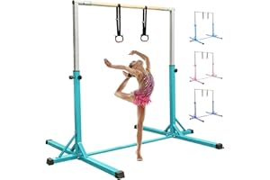 FBSPORT Gymnastics Bar Horizontal Bar with Gymnastic Rings for Kid 13 Height Adjustable, Junior Training Kip Bar Gymnastics Training Equipment for Home Gym Indoor Garden Outdoor