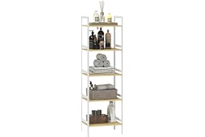 HOMCOM 5-Tier Bamboo Bathroom Storage Shelf, Freestanding Shelving Unit with Adjustable Rack for Kitchen Bathroom Living Room, Natural and White