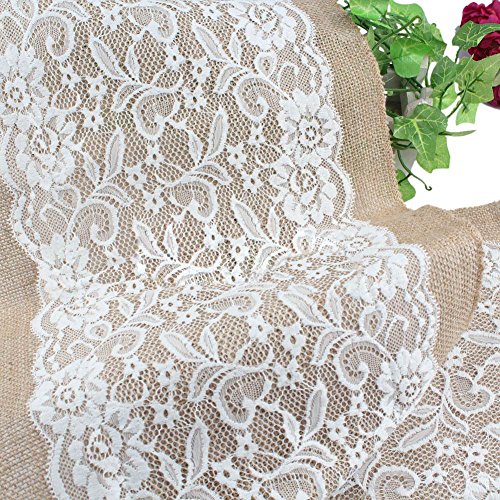 PsmGoods® Rustic Burlap Spitze Hessischen Tischläufer Natürliche Jute für Hochzeit Festival-Ereignis Tischdekoration 30x108cm-weiße Spitze - 4