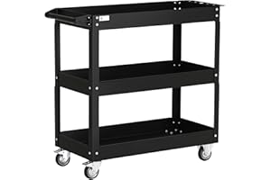 DURHAND Carrello da Officina a 3 Livelli con Bordi Alti e 4 Rotelle Girevoli e 2 con Freni, Carrello Portautensili da Officina in Acciaio, 83x35.3x76 cm, Nero