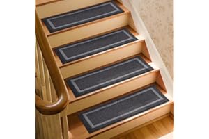 COSY HOMEER Carpet Stair Treads 15pcs Set, Non-Slip Indoor Carpet Treads for Stairs for Kids Elders and Dogs, 100% Polyester Quick Peel Self-adhesive Stair Runner Rug Pads, 22 x 70cm, Black