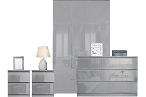 Blisswood High Gloss 4 Piece Bedroom Set With 3 Door Wardrobe & 6 Drawer Chest of Drawer + 2 Drawer 2 Bedside Table Cabinet Bedroom Furniture Set for Bedroom Storage furniture (Grey)