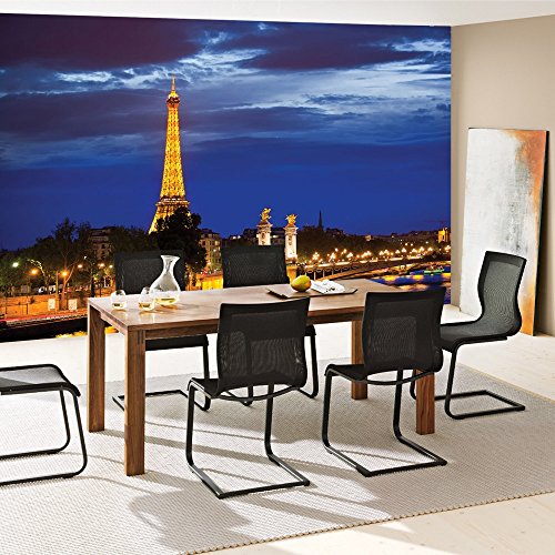 Vlies Fototapete PREMIUM PLUS Wand Foto Tapete Wand Bild Vliestapete – Paris Eiffelturm Fluss Nacht Lightning Skyline Stadt Panorama – no. 983, Größe: 200 x 140 cm Vlies - 8