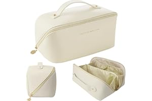 Eurtes Trousse de Toilette Femme, Grande Portable Trousse de Maquillage Voyage, PU Imperméable Trousse de Toilette, Trousse Maquillage avec Compartiments et Porte-Pinceau de Maquillage en Silicone