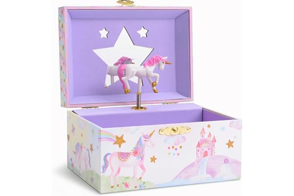 Jewelkeeper Girl's Musical Jewellery Storage Box with Spinning Unicorn, Glitter Rainbow and Stars Design, The Beautiful Dreamer Tune