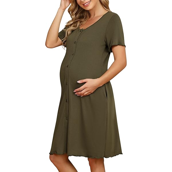 KOJOOIN Nachtjapon Voor Dames Geboorte Nachtjapon Voor Borstvoeding Nachtkleding Met 3/18-Mouwen Katoen Zwangerschapsnachtjapon Met Knoopsluiting