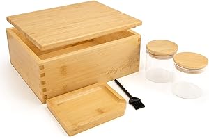 Viking Factory Large Bamboo Box Tray Set Storage Decorative Box - Includes Reversible Tray Glass Jar and All Accessories