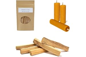 TERRAPOPA Rituals Palo Santo 100% Incienso Natural de Perú. Se Incluye Palo Santo para Quemar (7-10 uds) y Velas de Miel para rituales (3 uds)