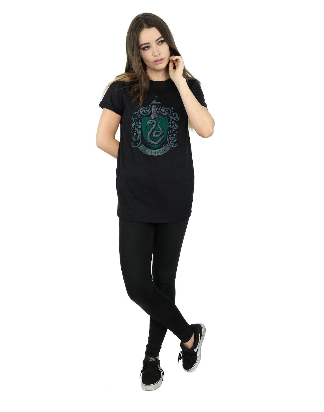 HARRY-POTTER-Damen-Slytherin-Distressed-Crest-Boyfriend-Fit-T-Shirt-Medium-Schwarz