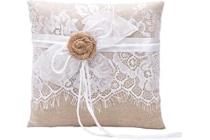 Amajoy Vintage Rustic Burlap Lace Wedding Ring Pillow ring cushion Hessian ring pillow 19cm x19cm