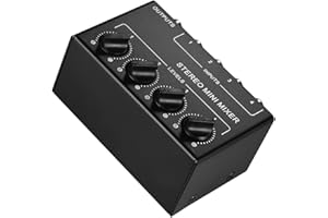 Fesjoy Mezclador de sonido Mini Mezclador de audio estéreo con entradas RCA de 4 canales Controles de volumen independientes Full Metal Shell