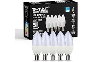 V-TAC E14 LED Candle Bulbs | 5.5W (Equivalent to 40W) Candle Light Bulbs | Edison Small Screw Light Bulb | Samsung Chip Non Dimmable E14 Candle Bulb | 4000K Day White | Pack of 5