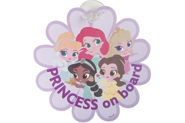 Tataway Disney Baby princesses à bord avec des graphismes d'Ariel, Belle, Jasmine, Aurore et Cendrillon, forme de fleur et attache à ventouse, panneau représentant un bébé à bord