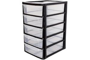 KYY'Z A4 Plastic Storage 5 Drawers Slim Mini Tower Unit Trolley 5 Tiers Cabinet | Office Desktop Tabletop Home School Garage Portable Desk Organizer (A4 Plastic Small Black/Clear)