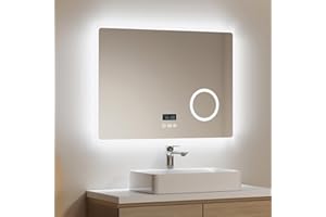 EMKE Espejo de baño Bluetooth con luces LED de 800 x 600 mm, espejo de baño LED con altavoz Bluetooth, almohadilla antivaho calentada, función de atenuación, espejo de maquillaje iluminado con 3 lupas