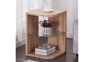 GOLDFAN Glass Wood Side Table End Table Small Coffee Table Lamp Sofa Bedside Table with Storage for Living Room/Bed Room, Oak Finish