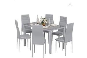 Jooli H Dining Table and Chairs Set 6, Modern Glass Table with 6 High Back Faux Leather Chairs for Home Office Use (Grey)