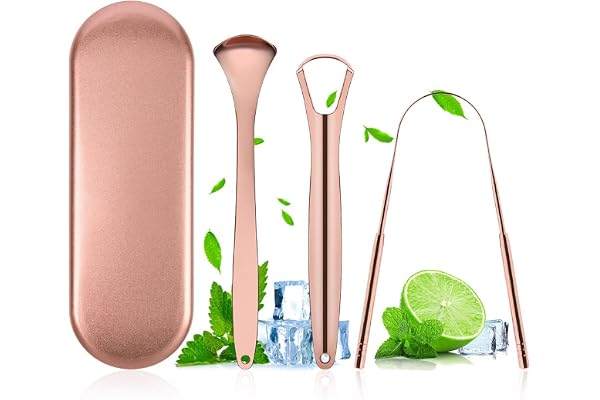 ACWOO Gratte-langue, 3PCS Kit de Nettoyage de Grattoir de Langue en Acier Inoxydable Avec Étui Pratique, Brosses à langue de Soins Bucco-Dentaires, Enlève la Mauvaise Haleine Haleine Fraîche(Or Rose)