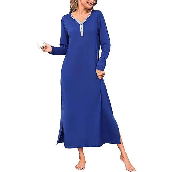 Ekouaer Dames Lange Nachthemd Lange Mouwen Nachtjurken Zachte Nachtkleding Lichtgewicht Lounge Bedrukt Ronde Hals Losse Comfortabele Nachtkleding S-XXL, 4-licht Grijs, XL