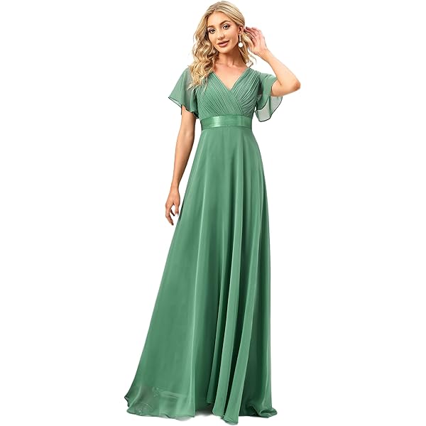 Ever-Pretty Jurk voor bruiloft, gast, lang, dames, V-hals, chiffon, A-lijn, korte mouwen, geplooid, chic, EE0164A, Blauw/blauw., 42