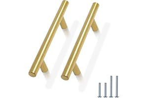 PinLin Carbinet Handles Gold Brushed Brass Stainless Steel Drawer Pulls 90mm Hole Center T Bar Kitchen Wardrobe Cupboard Door Handles for Bedroom Bathroom Furniture Hardware 10 Pack