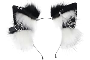 Therian Ears pannband med kattöron, 1 st lurvig huvudbonad med metallhjärta och kedjedekor, gotisk punk therian, djurhårband