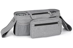 SYLVTOYVX Bolso carrito bebe, Universal Bolsa Organizador Silla Paseo con 2 Portavasos Aislado y Correa de Hombro, Organizador de cochecitos Impermeable, Apto para todos los modelos de cochecitos (Gris)
