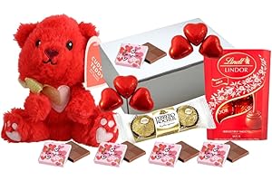 AMAMITRADE Valentines Day Gift Hamper - With Red Plush Teddy, Lindt Lindor, Ferrero Rocher & Milk Chocolate Hearts - Gift For Her, Mum, Women, Sister, Daughter