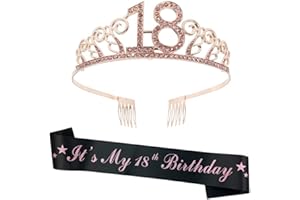 REYOK Diadema con corona de oro rosa 18 Tiara de 18 cumpleaños con diamantes de imitación Corona de cristal para mujer con peines para accesorios de fiesta de regalo de cumpleaños número 18