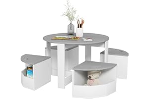 AIYAPLAY Set con Tavolo e Sgabelli per Bambini da 5 Pezzi, Set di Tavolo e Sedie con Vano Contenitore Salvaspazio in Legno, Grigio